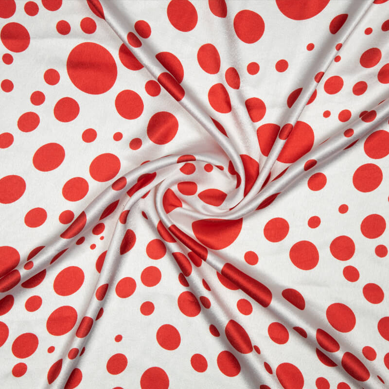 White And Red Polka Dot Digital Print Japan Satin Fabric - Fabcurate