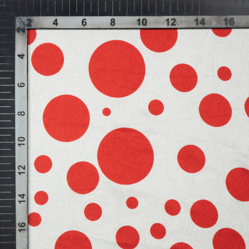 White And Red Polka Dot Digital Print Japan Satin Fabric - Fabcurate