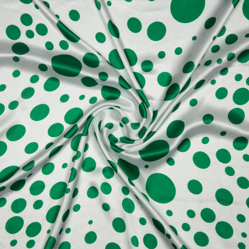 Green And White Polka Dots Digital Print Japan Satin Fabric - Fabcurate