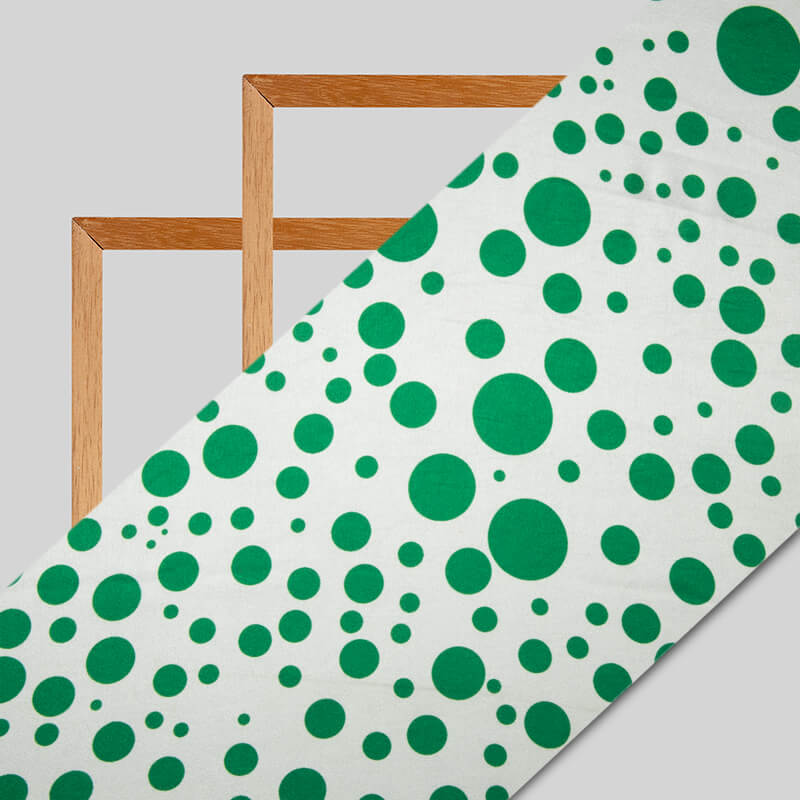 Green And White Polka Dots Digital Print Japan Satin Fabric - Fabcurate