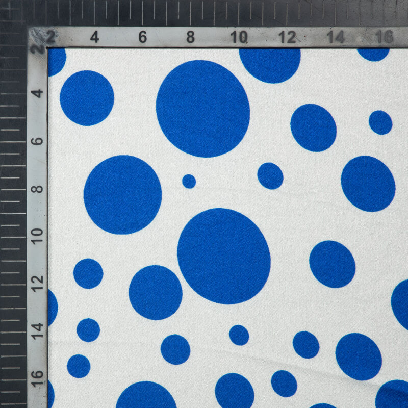 Royal Blue And White Polka Dots Digital Print Japan Satin Fabric - Fabcurate