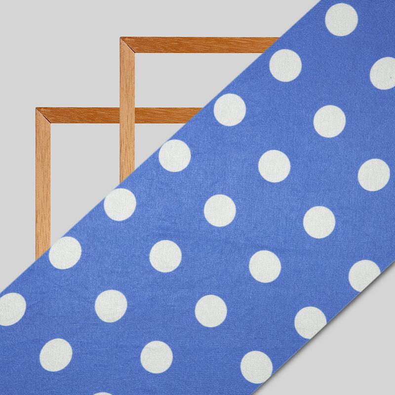 Pastel Blue And White Polka Dots Digital Print Japan Satin Fabric - Fabcurate