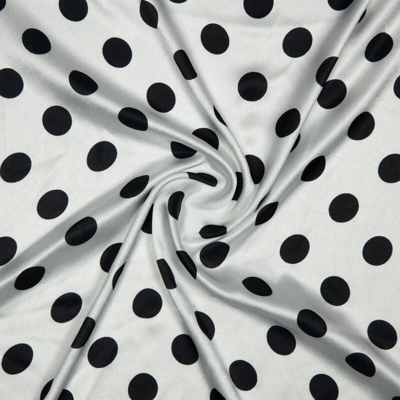 White And Black Polka Dots Digital Print Japan Satin Fabric - Fabcurate