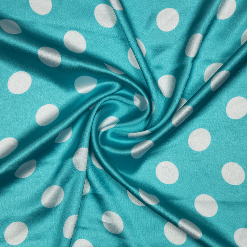 Sky Blue And White Polka Dots Digital Print Japan Satin Fabric - Fabcurate