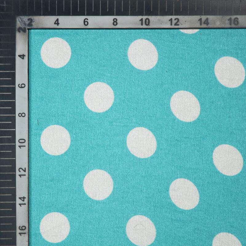 Sky Blue And White Polka Dots Digital Print Japan Satin Fabric - Fabcurate