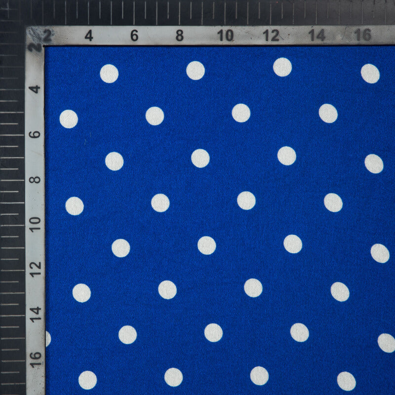 Blue And White Polka Dot Digital Print Japan Satin Fabric - Fabcurate