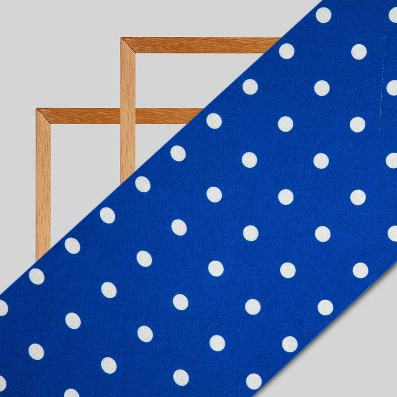 Blue And White Polka Dot Digital Print Japan Satin Fabric - Fabcurate