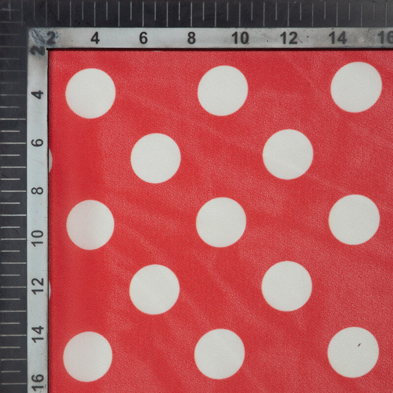 Red And White Polka Dots Digital Print Georgette Fabric