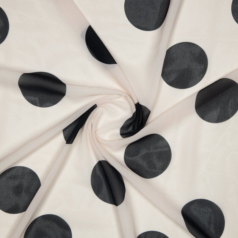 Black And Off White Polka Dots Digital Print Georgette Fabric