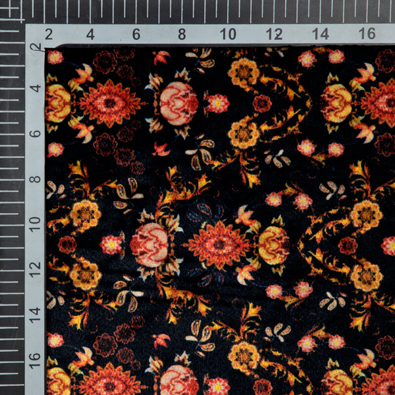 Black Traditional Pattern Digital Print Velvet Fabric (Width 54 inches) - Fabcurate