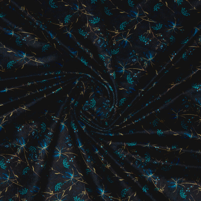 Black Floral Pattern Digital Print Velvet Fabric (Width 54 inches) - Fabcurate