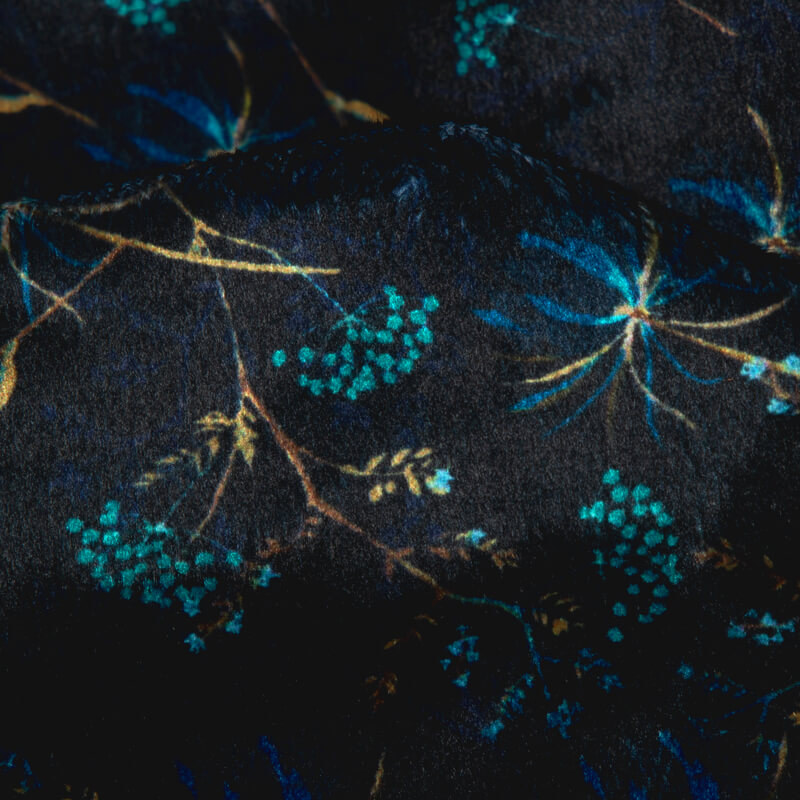 Black Floral Pattern Digital Print Velvet Fabric (Width 54 inches) - Fabcurate