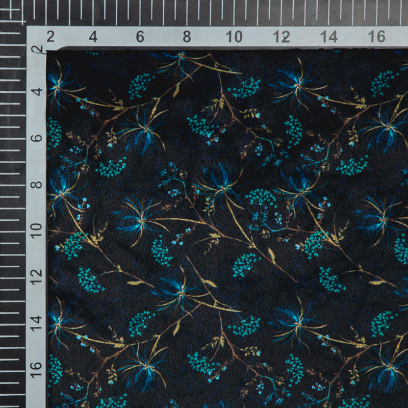 Black Floral Pattern Digital Print Velvet Fabric (Width 54 inches) - Fabcurate