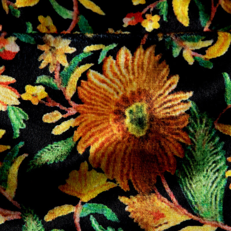 Black And Yellow Floral Pattern Digital Print Velvet Fabric (Width 54 inches) - Fabcurate
