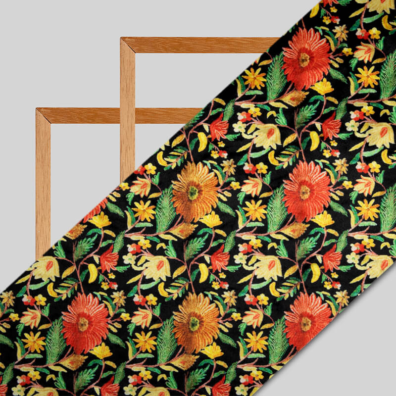 Black And Yellow Floral Pattern Digital Print Velvet Fabric (Width 54 inches) - Fabcurate
