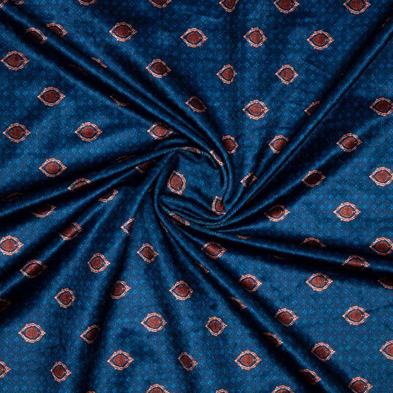 Aegean Blue Booti Pattern Digital Print Velvet Fabric (Width 54 inches) - Fabcurate