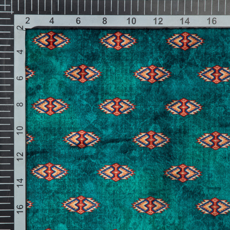 Teal Geometric Pattern Digital Print Velvet Fabric (Width 54 inches) - Fabcurate