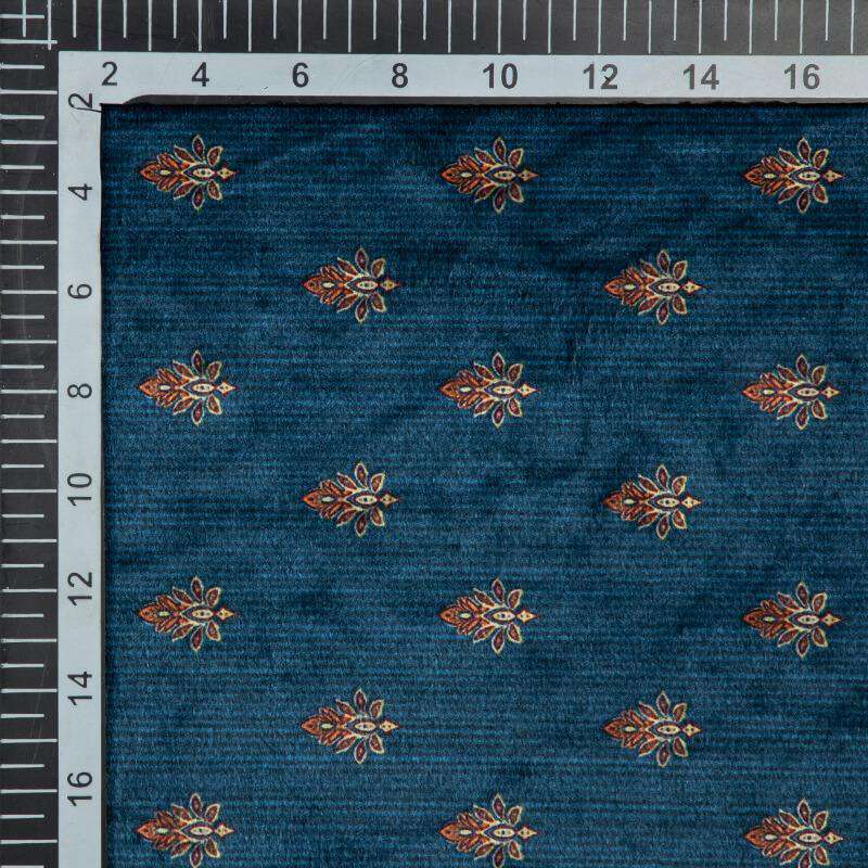 Blue Grey Booti Pattern Digital Print Velvet Fabric (Width 54 inches) - Fabcurate