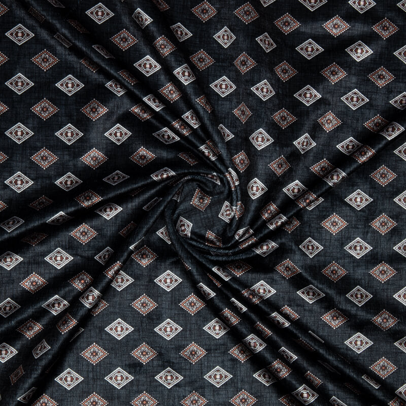 Black And White Geometric Pattern Digital Print Velvet Fabric (Width 54 inches) - Fabcurate