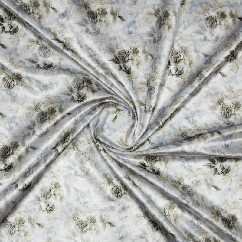 White And Olive Floral Pattern Digital Print Velvet Fabric (Width 54 inches) - Fabcurate