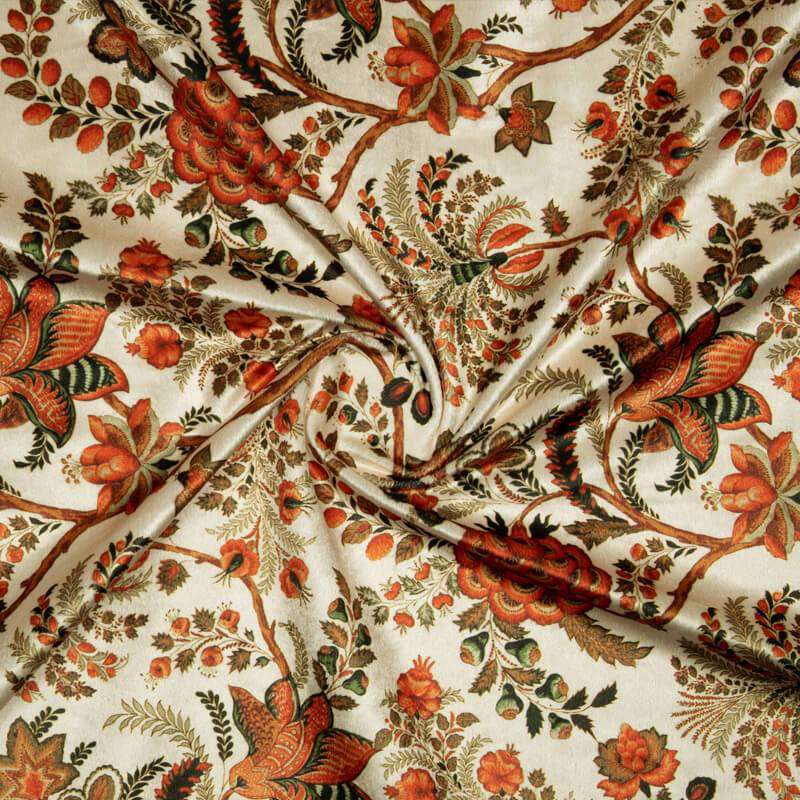 Cream And Brown Floral Pattern Digital Print Velvet Fabric (Width 54 inches) - Fabcurate