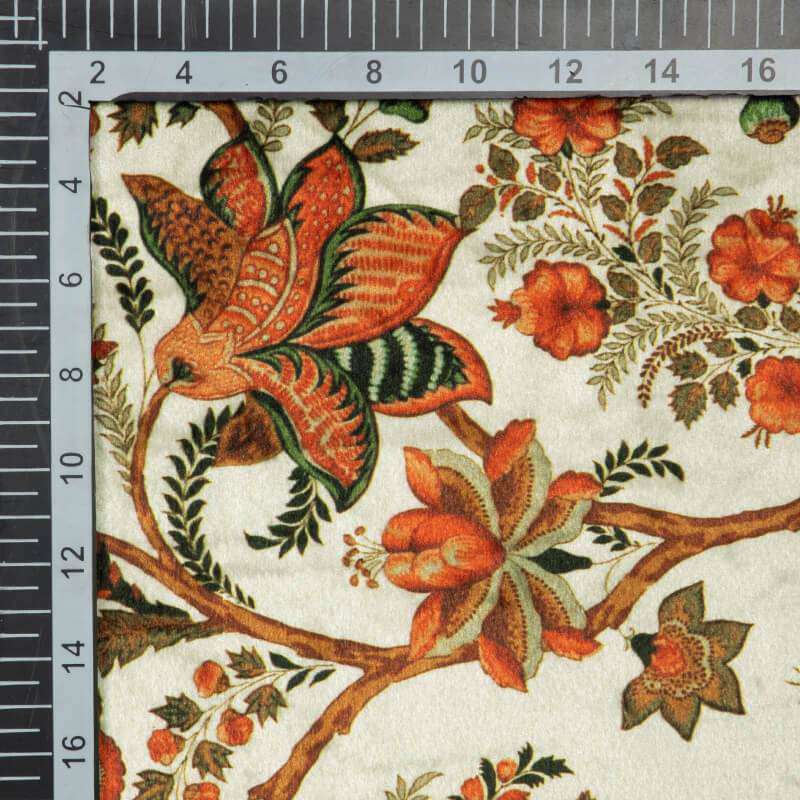 Cream And Brown Floral Pattern Digital Print Velvet Fabric (Width 54 inches) - Fabcurate