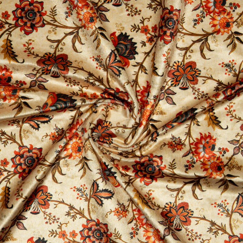 Beige And Brown Floral Pattern Digital Print Velvet Fabric (Width 54 inches) - Fabcurate