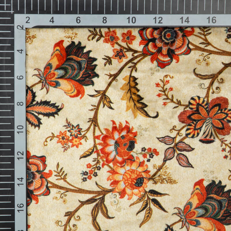 Beige And Brown Floral Pattern Digital Print Velvet Fabric (Width 54 inches) - Fabcurate