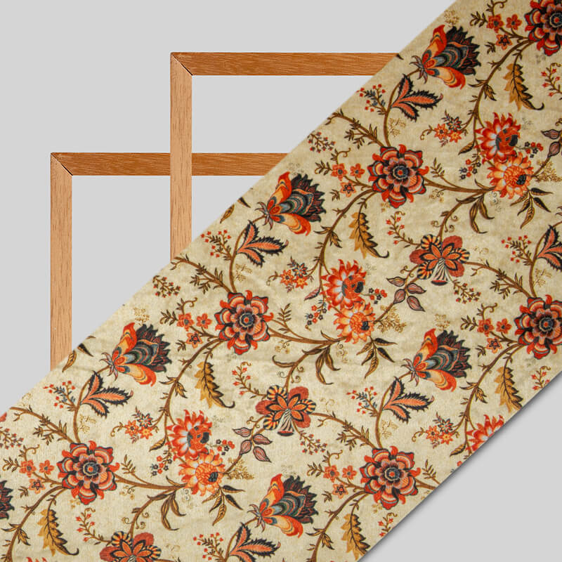 Beige And Brown Floral Pattern Digital Print Velvet Fabric (Width 54 inches) - Fabcurate