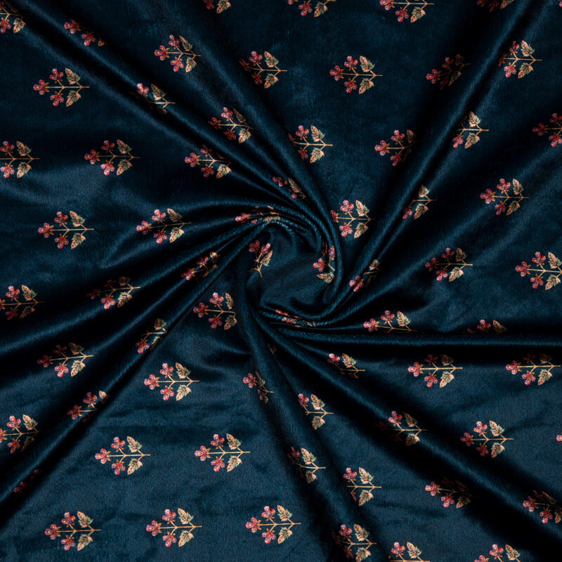 Navy Blue Floral Booti Pattern Digital Print Velvet Fabric (Width 54 inches) - Fabcurate