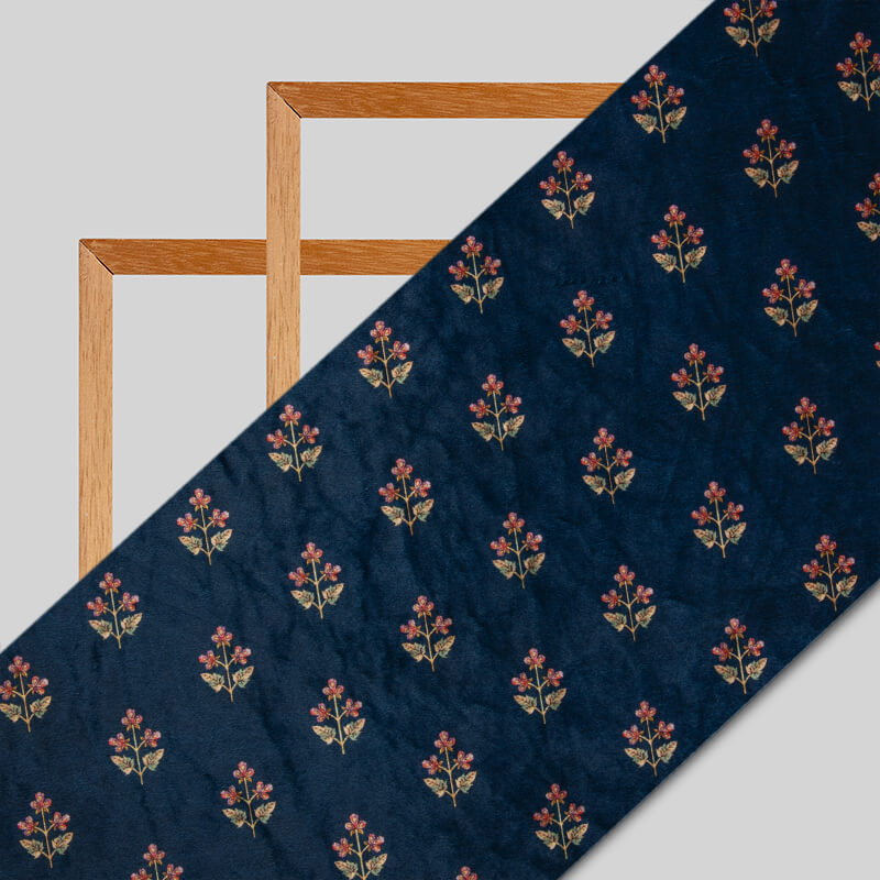 Navy Blue Floral Booti Pattern Digital Print Velvet Fabric (Width 54 inches) - Fabcurate