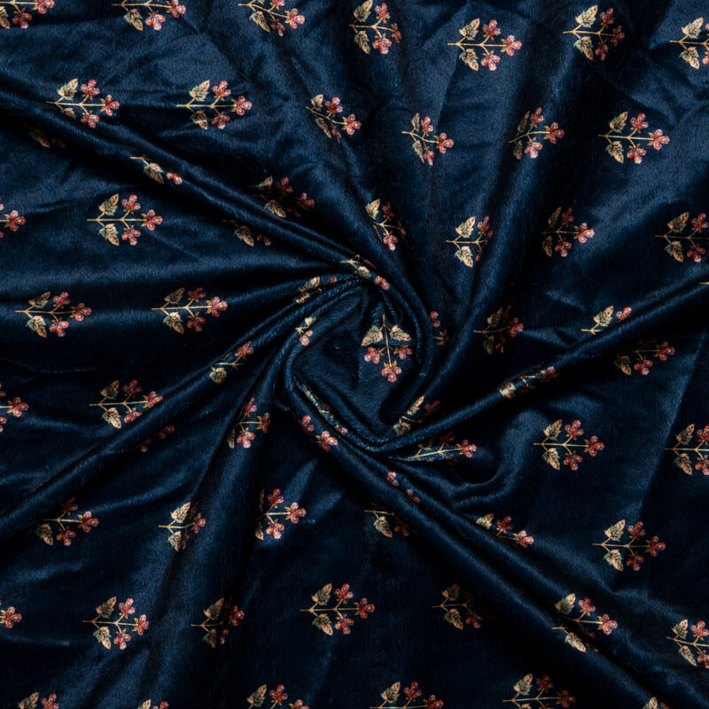 Navy Blue Floral Pattern Digital Print Velvet Fabric (Width 54 inches)