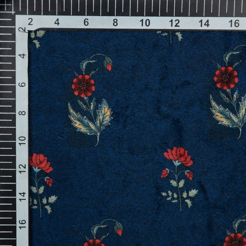 Navy Blue Floral Pattern Digital Print Velvet Fabric (Width 58 inches)
