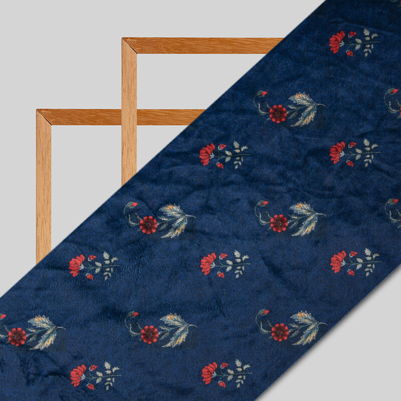 Navy Blue Floral Pattern Digital Print Velvet Fabric (Width 58 inches)
