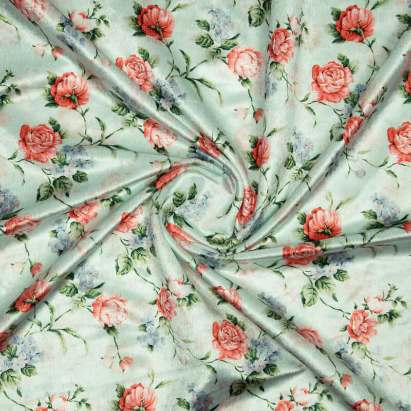 Teal And Pink Floral Pattern Digital Print Velvet Fabric (Width 54 inches) - Fabcurate
