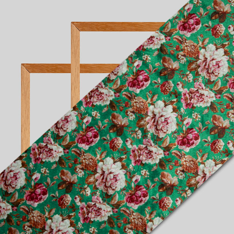 Green Floral Pattern Digital Print Velvet Fabric (Width 54 inches) - Fabcurate