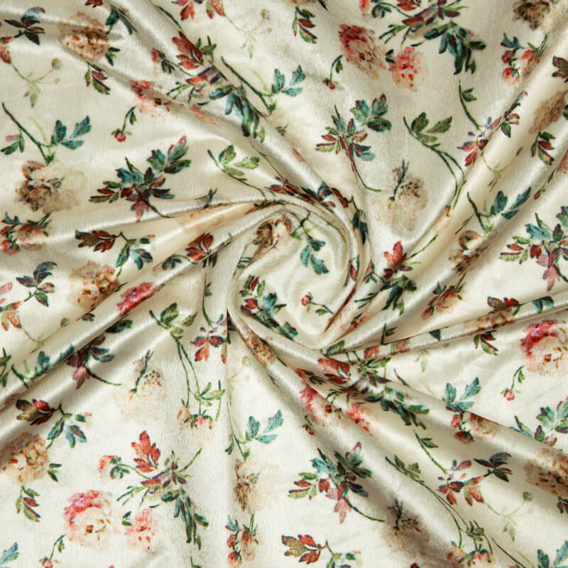 Cream Floral Pattern Digital Print Velvet Fabric (Width 54 inches) - Fabcurate