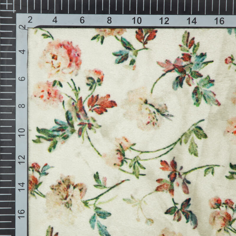 Cream Floral Pattern Digital Print Velvet Fabric (Width 54 inches) - Fabcurate