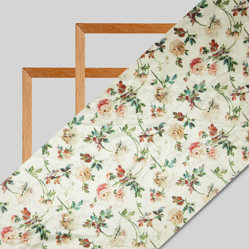 Cream Floral Pattern Digital Print Velvet Fabric (Width 54 inches) - Fabcurate