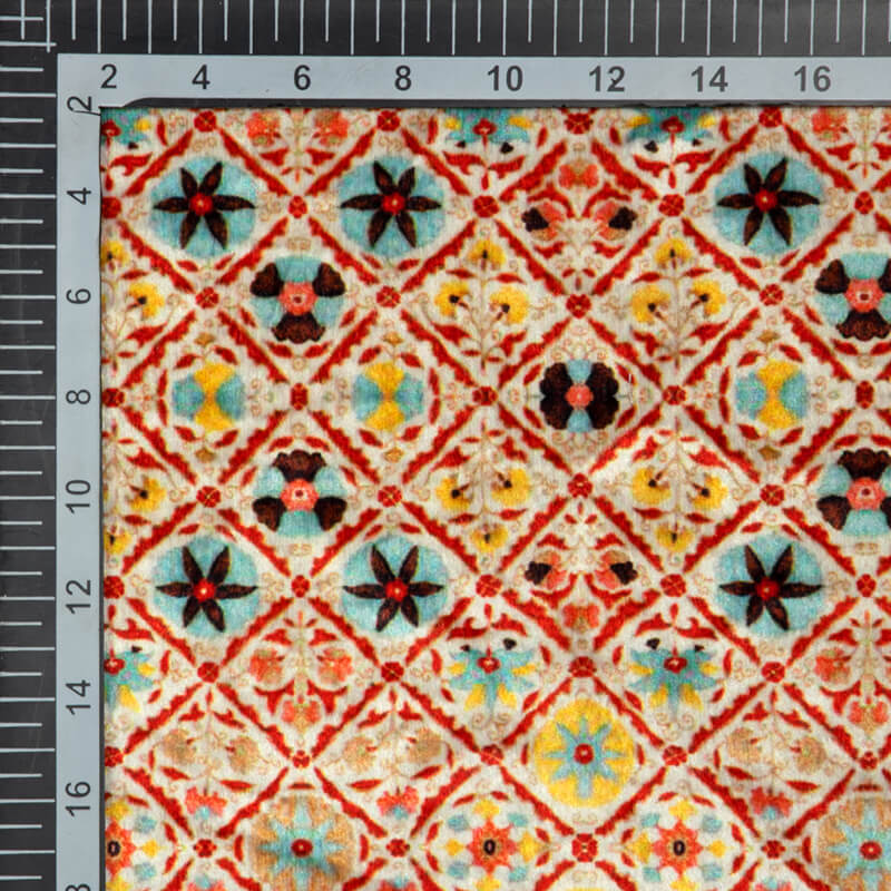 Cream And Red Ethnic Pattern Digital Print Velvet Fabric (Width 54 inches) - Fabcurate