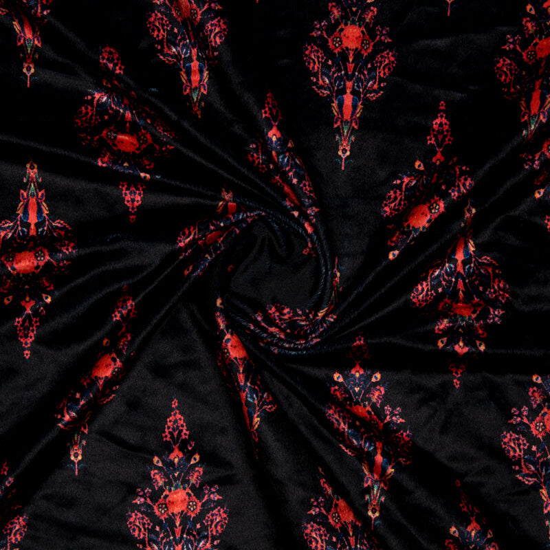 Black And Red Mughal Pattern Digital Print Velvet Fabric (Width 54 inches) - Fabcurate