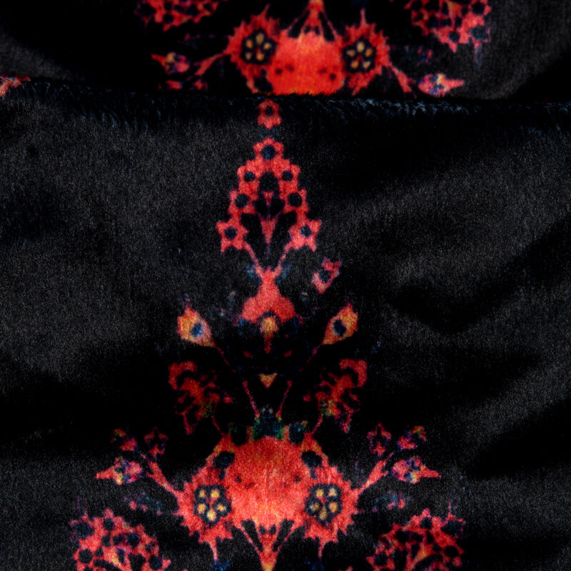 Black And Red Mughal Pattern Digital Print Velvet Fabric (Width 54 inches) - Fabcurate