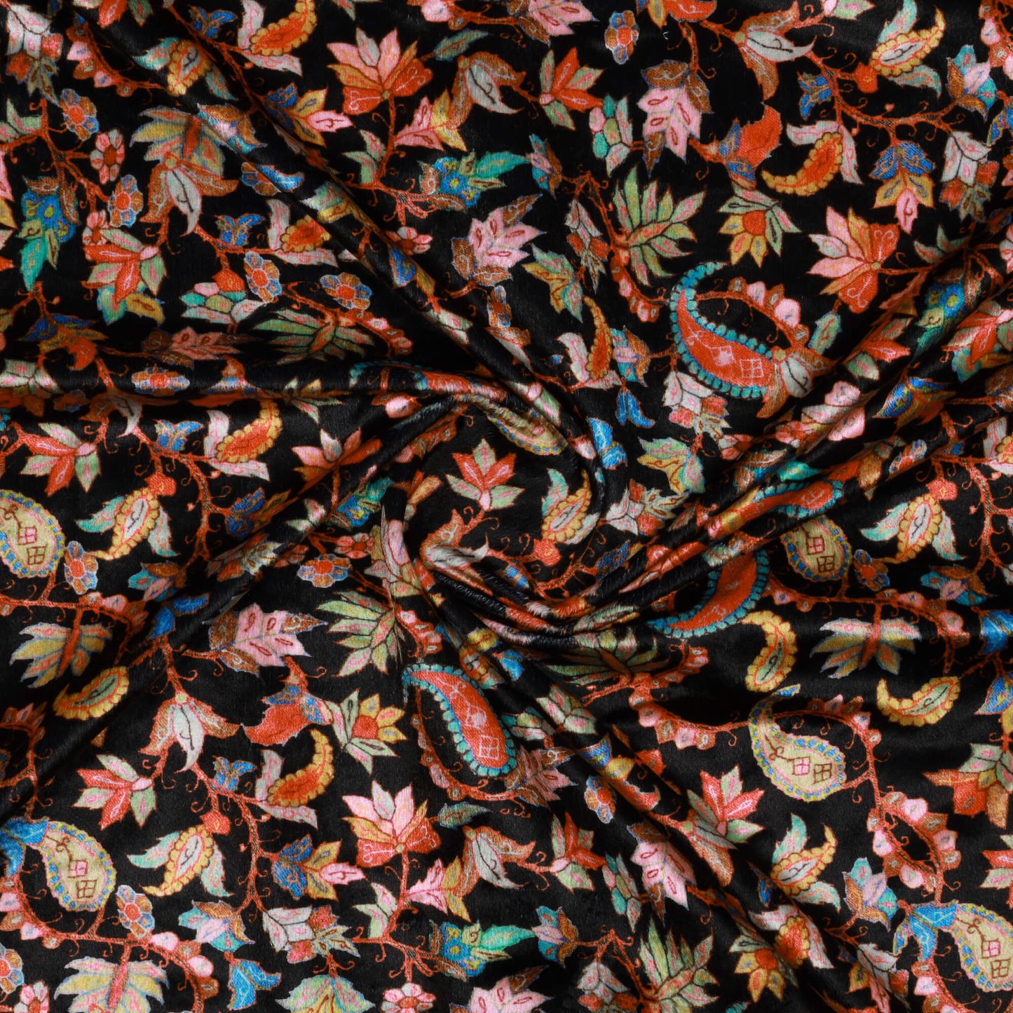 Black Leaf Pattern Digital Print Velvet Fabric (Width 58 inches)