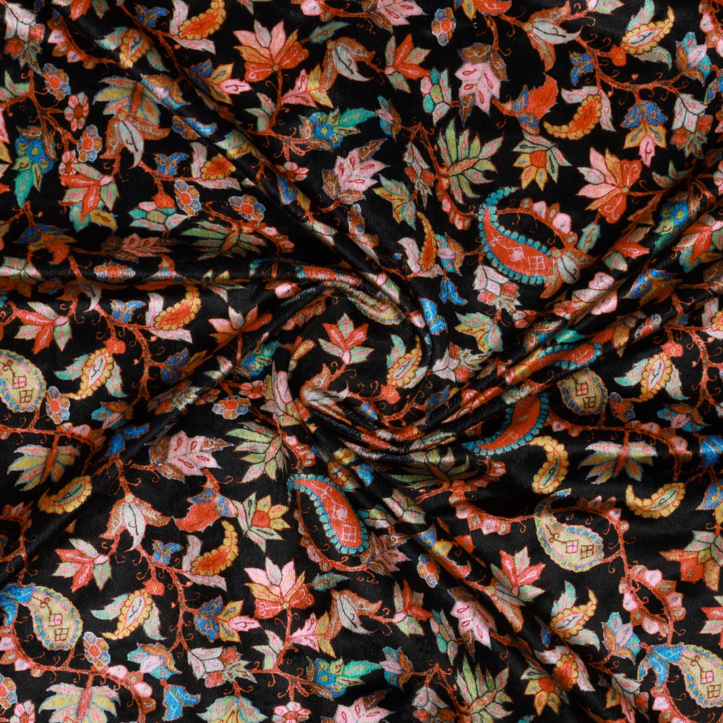 Black Leaf Pattern Digital Print Velvet Fabric (Width 54 inches)