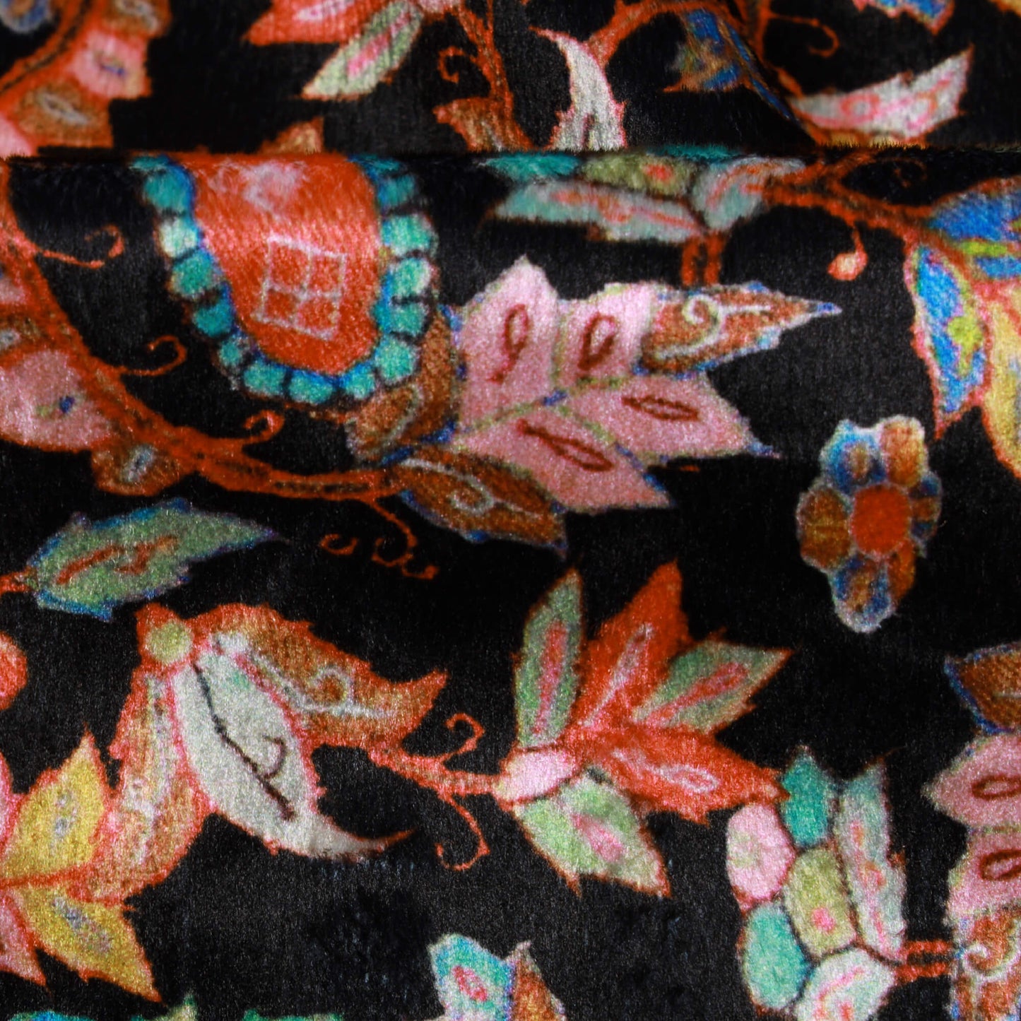 Black Leaf Pattern Digital Print Velvet Fabric (Width 58 inches)