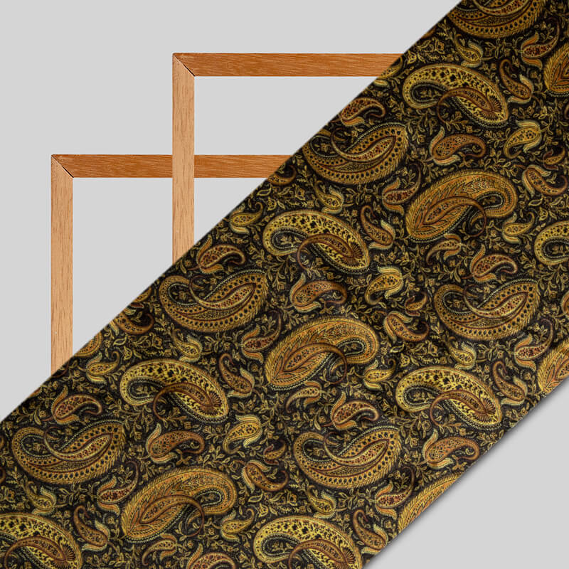 Light Brown And Mehendi Green Paisely Pattern Digital Print Velvet Fabric (Width 54 inches) - Fabcurate