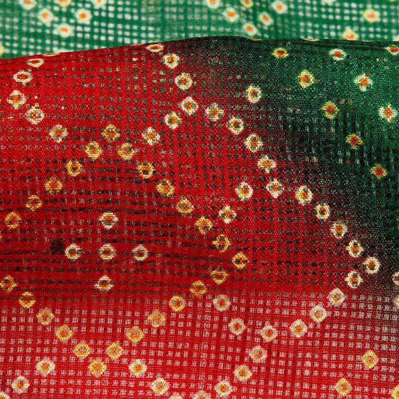 Red And Green Bandhani Pattern Digital Print Kota Doria Fabric - Fabcurate