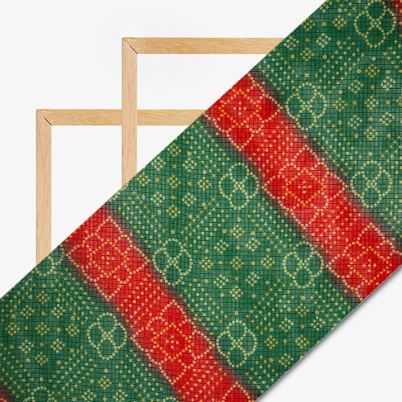 Red And Green Bandhani Pattern Digital Print Kota Doria Fabric - Fabcurate