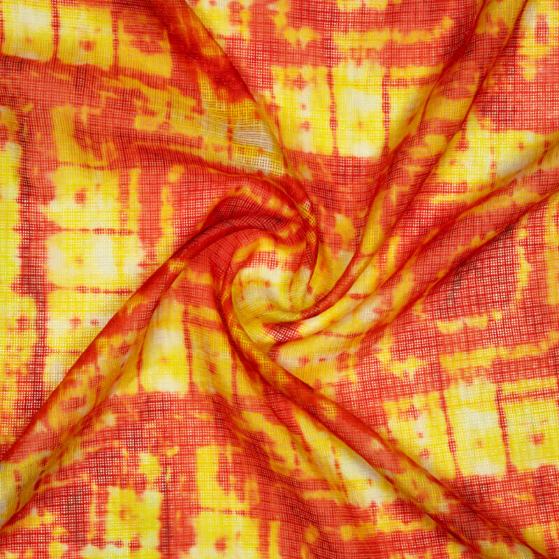 Red And Yellow Shibori Pattern Digital Print Kota Doria Fabric - Fabcurate
