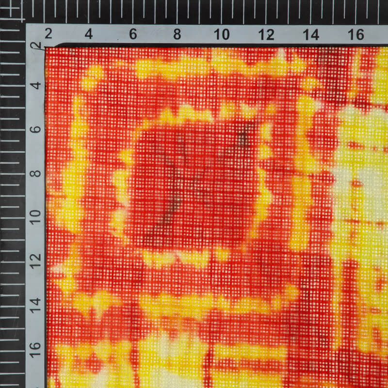 Red And Yellow Shibori Pattern Digital Print Kota Doria Fabric - Fabcurate
